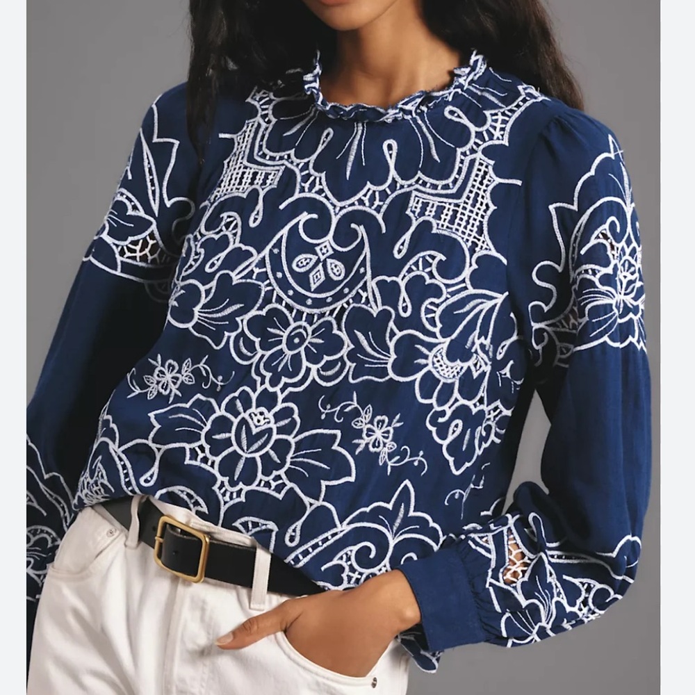 Anthropologie | The Lainie Long-Sleeve Lace Cutwork Blouse NWT